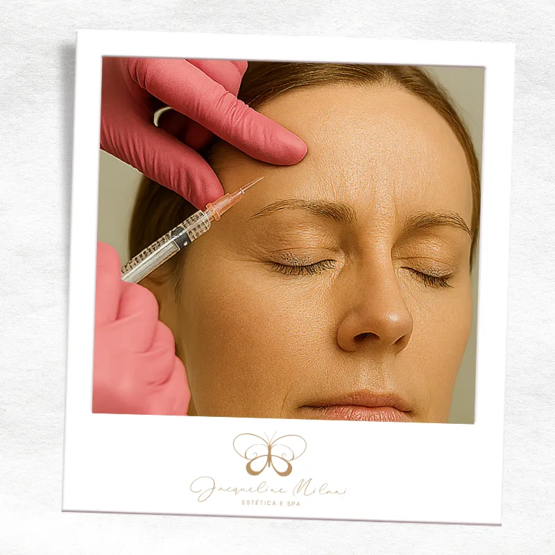 Aplicação de botox na testa para suavizar rugas e linhas de expressão em clínica estética de Araçariguama – SP.